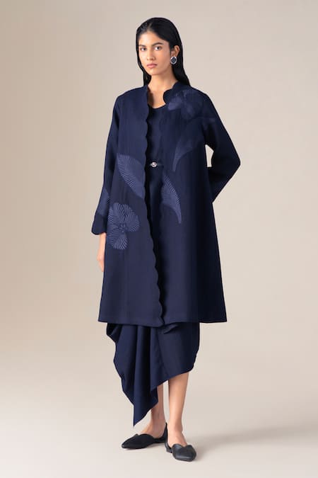 Ampm_Navy Wool Embroidery V-neck Arzu Resham Jacket _Online_at_Aza_Fashions