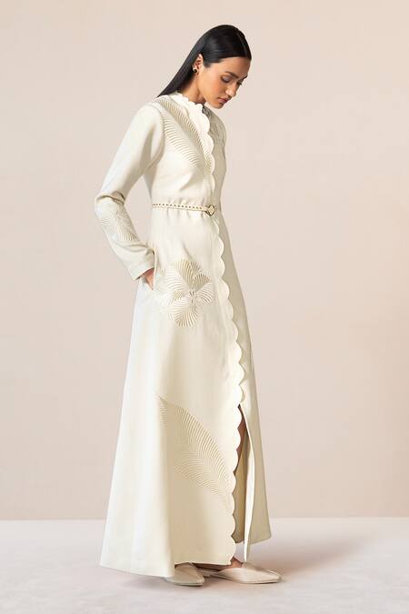Ampm_Ivory Wool Embroidery, Cut Work High Nahid Paan Motif Abaya Jacket With Belt _at_Aza_Fashions