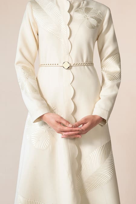 Shop_Ampm_Ivory Wool Embroidery, Cut Work High Nahid Paan Motif Abaya Jacket With Belt 