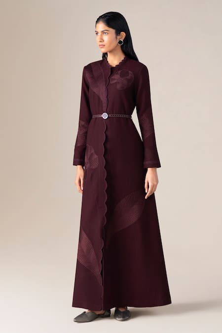 Ampm_Burgundy Wool Embroidery, Cut Work, Studs High Nahid Paan Motif Abaya Jacket Set _Online_at_Aza_Fashions