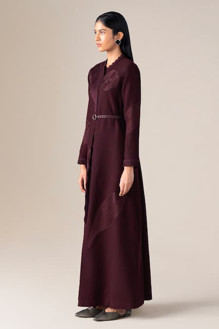 Buy_Ampm_Burgundy Wool Embroidery, Cut Work, Studs High Nahid Paan Motif Abaya Jacket Set _Online_at_Aza_Fashions
