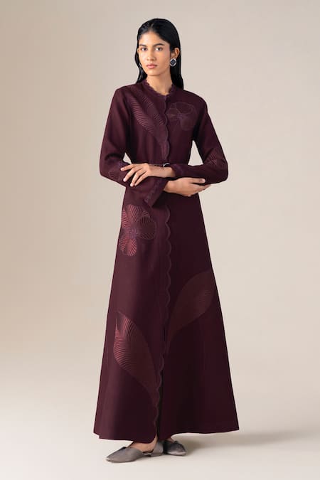 Shop_Ampm_Burgundy Wool Embroidery, Cut Work, Studs High Nahid Paan Motif Abaya Jacket Set _Online_at_Aza_Fashions