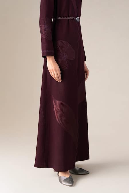 Ampm_Burgundy Wool Embroidery, Cut Work, Studs High Nahid Paan Motif Abaya Jacket Set _at_Aza_Fashions