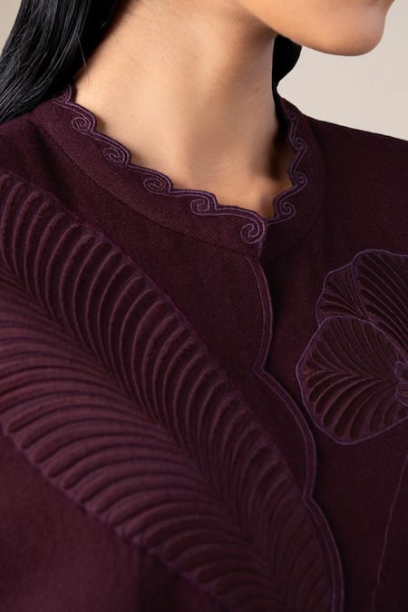 Buy_Ampm_Burgundy Wool Embroidery, Cut Work, Studs High Nahid Paan Motif Abaya Jacket Set 