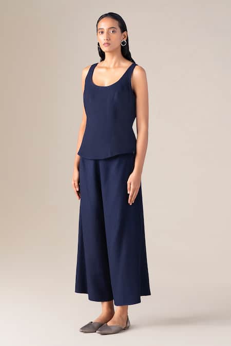 Ampm_Navy Wool Open , Split V-, Scoop Maha Jacket And Palazzo Set _Online_at_Aza_Fashions