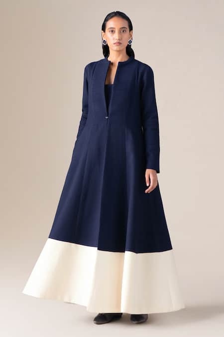 Buy_Ampm_Navy Wool Open , Split V-, Scoop Maha Jacket And Palazzo Set _Online_at_Aza_Fashions