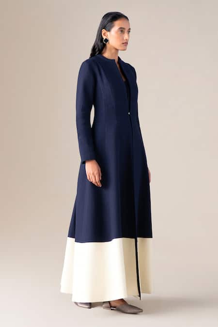 Shop_Ampm_Navy Wool Open , Split V-, Scoop Maha Jacket And Palazzo Set _Online_at_Aza_Fashions