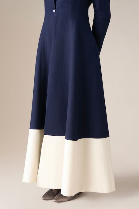 Ampm_Navy Wool Open , Split V-, Scoop Maha Jacket And Palazzo Set _at_Aza_Fashions