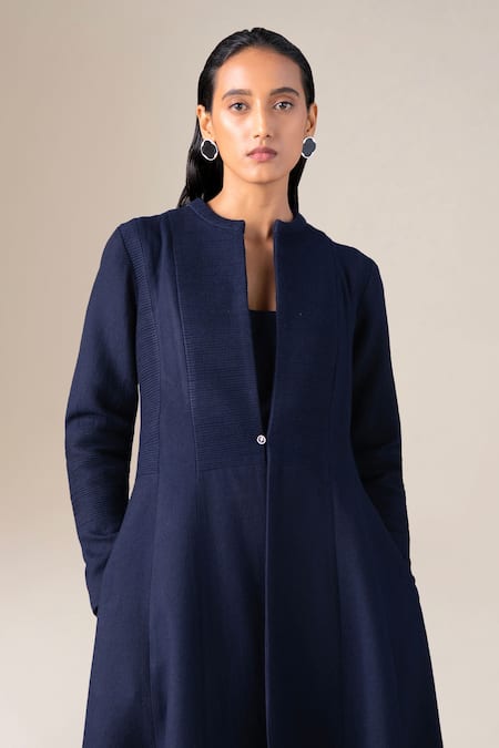 Buy_Ampm_Navy Wool Open , Split V-, Scoop Maha Jacket And Palazzo Set 