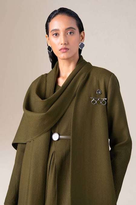 Ampm_Olive Green Wool Embroidery, Brooches Shawl Neck Keisha Draped Jacket _Online_at_Aza_Fashions