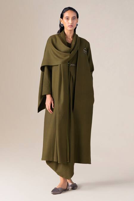 Buy_Ampm_Olive Green Wool Embroidery, Brooches Shawl Neck Keisha Draped Jacket _Online_at_Aza_Fashions