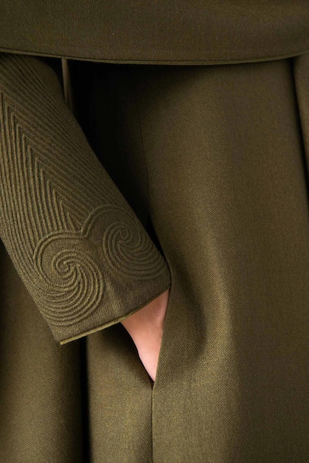 Shop_Ampm_Olive Green Wool Embroidery, Brooches Shawl Neck Keisha Draped Jacket _Online_at_Aza_Fashions