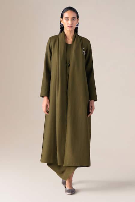 Ampm_Olive Green Wool Embroidery, Brooches Shawl Neck Keisha Draped Jacket _at_Aza_Fashions