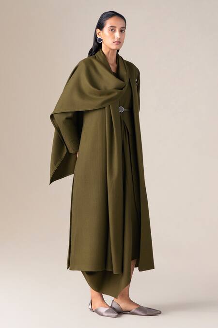 Buy_Ampm_Olive Green Wool Embroidery, Brooches Shawl Neck Keisha Draped Jacket 