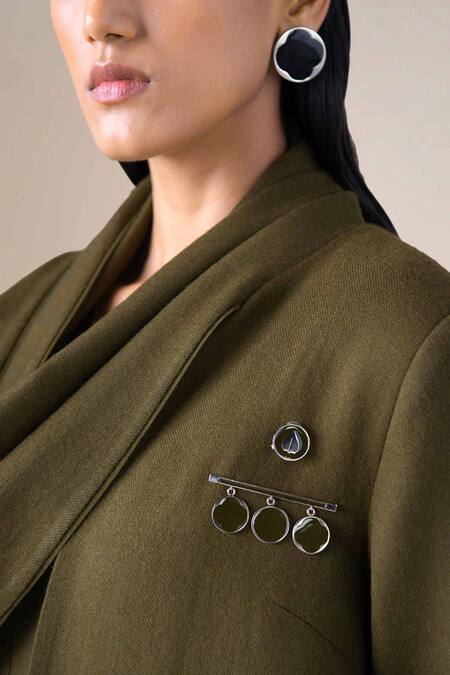 Shop_Ampm_Olive Green Wool Embroidery, Brooches Shawl Neck Keisha Draped Jacket 