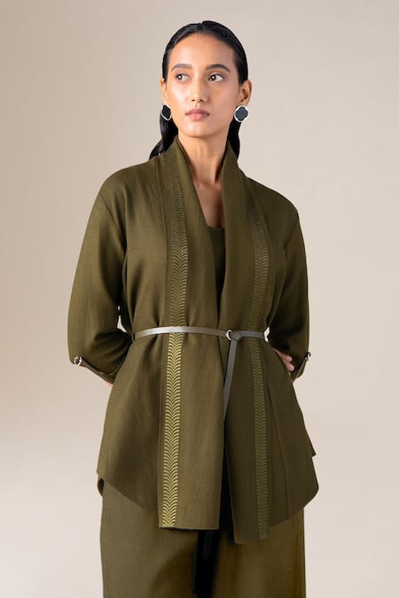Ampm_Olive Green Wool Embroidery Open Neck, Round Samiah Resham Bordered Cape Set _Online_at_Aza_Fashions