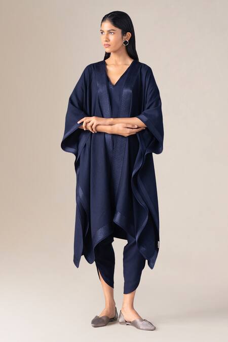 Ampm_Navy Wool V-neck Adarah Cape And Dhoti Pant Set _Online_at_Aza_Fashions