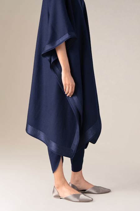 Ampm_Navy Wool V-neck Adarah Cape And Dhoti Pant Set _at_Aza_Fashions