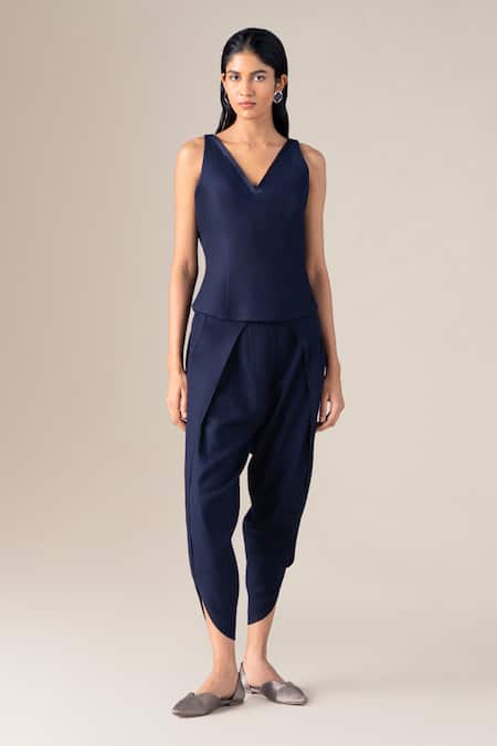 Shop_Ampm_Navy Wool V-neck Adarah Cape And Dhoti Pant Set 