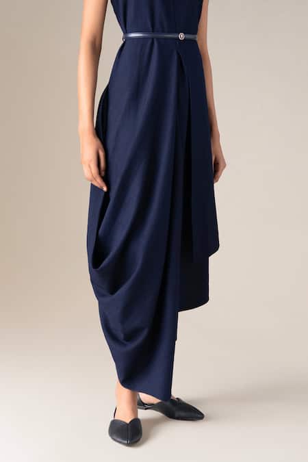 Buy_Ampm_Navy Wool V-neck Arzu Asymmetric Draped Dress With Belt 