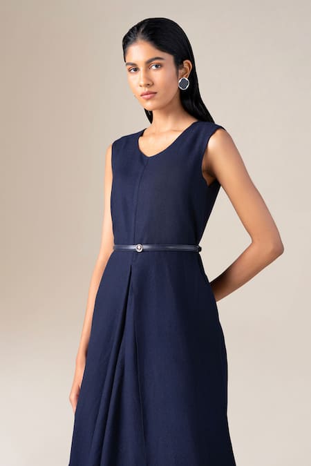 Shop_Ampm_Navy Wool V-neck Arzu Asymmetric Draped Dress With Belt 