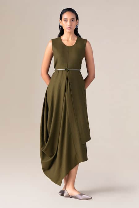 Ampm_Olive Green Wool Round Neck Arzu Asymmetric Draped Dress With Belt _Online_at_Aza_Fashions