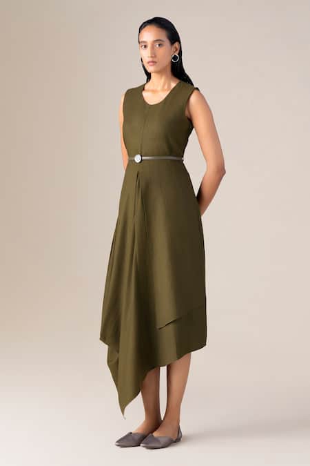 Buy_Ampm_Olive Green Wool Round Neck Arzu Asymmetric Draped Dress With Belt _Online_at_Aza_Fashions