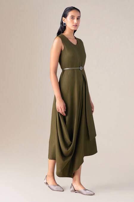 Shop_Ampm_Olive Green Wool Round Neck Arzu Asymmetric Draped Dress With Belt _Online_at_Aza_Fashions