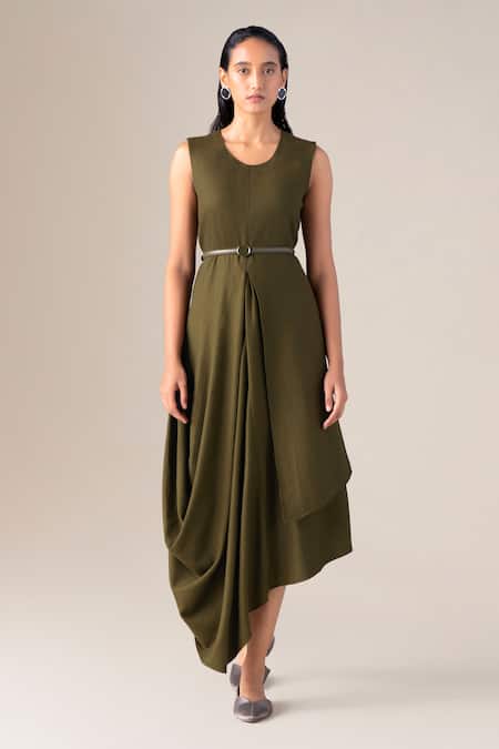 Ampm_Olive Green Wool Round Neck Arzu Asymmetric Draped Dress With Belt _at_Aza_Fashions