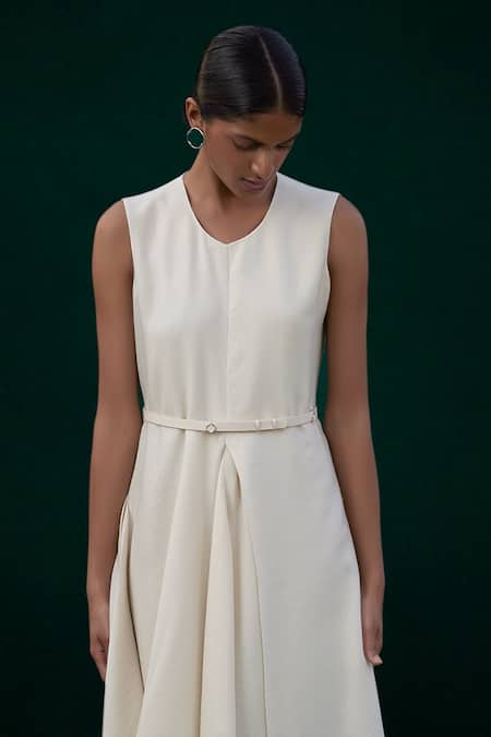 Ampm_Ivory Wool Round Neck Arzu Asymmetric Draped Dress With Belt _Online_at_Aza_Fashions