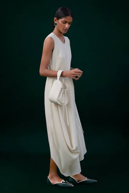 Buy_Ampm_Ivory Wool Round Neck Arzu Asymmetric Draped Dress With Belt _Online_at_Aza_Fashions