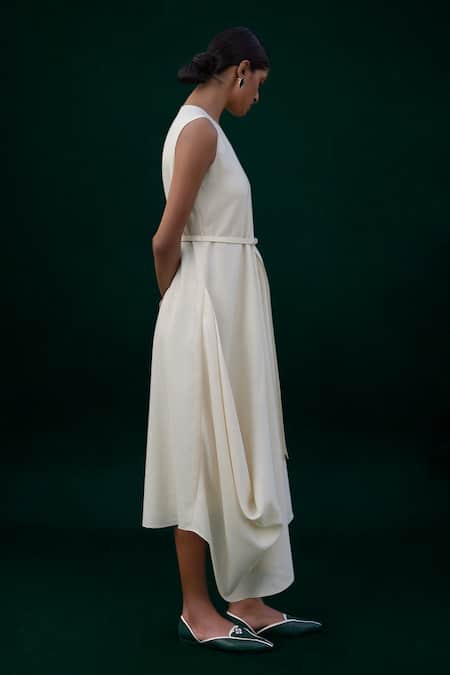 Shop_Ampm_Ivory Wool Round Neck Arzu Asymmetric Draped Dress With Belt _Online_at_Aza_Fashions