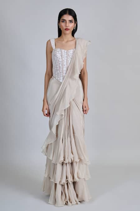 Mishru_Ivory Organza, Crepe, Tulle Embroidery, Beads Nica Pre-draped Saree With Blouse _Online_at_Aza_Fashions