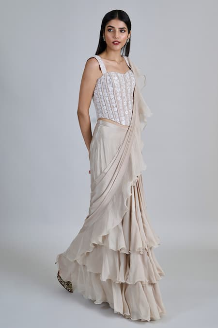 Buy_Mishru_Ivory Organza, Crepe, Tulle Embroidery, Beads Nica Pre-draped Saree With Blouse _Online_at_Aza_Fashions
