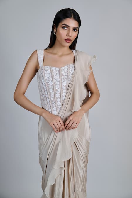 Mishru_Ivory Organza, Crepe, Tulle Embroidery, Beads Nica Pre-draped Saree With Blouse _at_Aza_Fashions