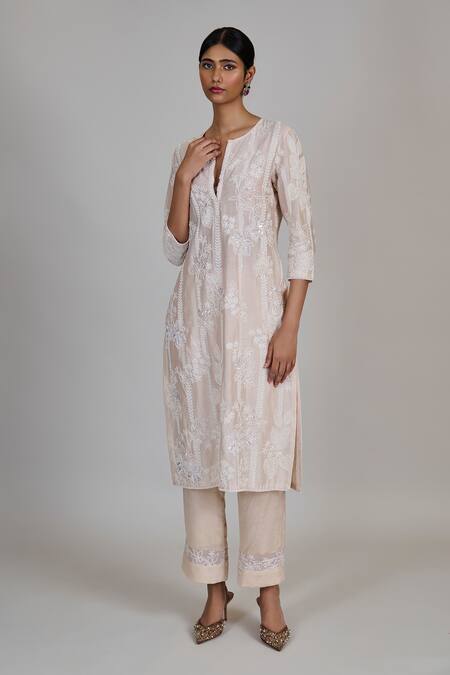 Buy_Mishru_Ivory Chanderi, Silk Embroidery, Sequins Split V-neck Noor Kurta And Pant Set _Online_at_Aza_Fashions