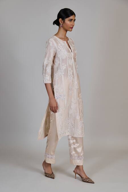 Shop_Mishru_Ivory Chanderi, Silk Embroidery, Sequins Split V-neck Noor Kurta And Pant Set _Online_at_Aza_Fashions