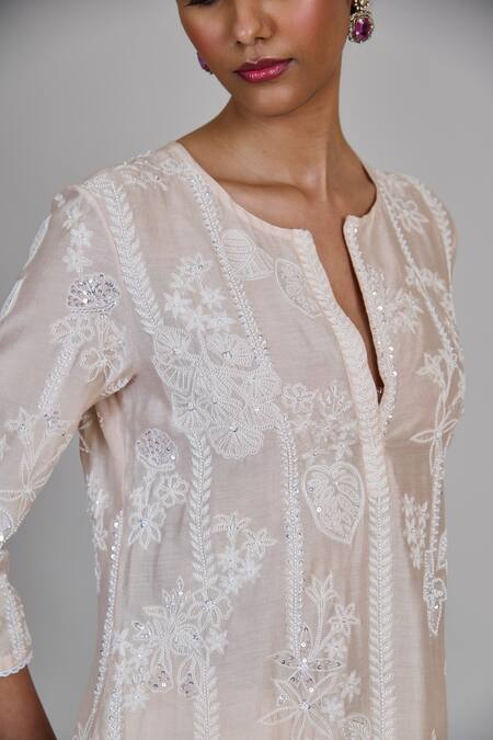 Mishru_Ivory Chanderi, Silk Embroidery, Sequins Split V-neck Noor Kurta And Pant Set _at_Aza_Fashions