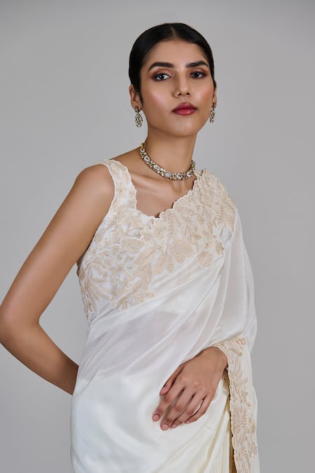 Mishru_Ivory Silk, Tulle, Shantoon Embroidery, Sequins Square Nysa Saree With Blouse _Online_at_Aza_Fashions