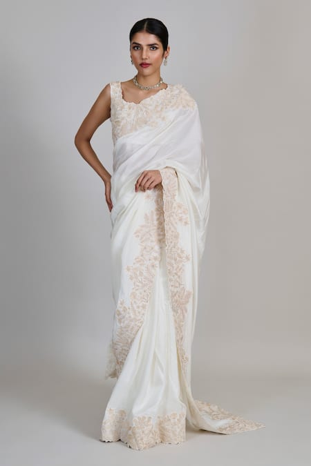 Shop_Mishru_Ivory Silk, Tulle, Shantoon Embroidery, Sequins Square Nysa Saree With Blouse _Online_at_Aza_Fashions