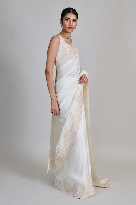Mishru_Ivory Silk, Tulle, Shantoon Embroidery, Sequins Square Nysa Saree With Blouse _at_Aza_Fashions