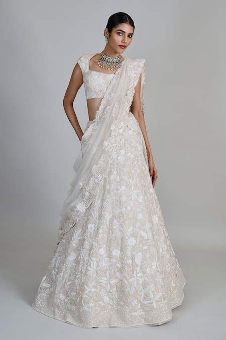 Mishru_Ivory Tulle, Organza Applique, Sequins, Beads Emma Embroidered Lehenga Set _Online_at_Aza_Fashions