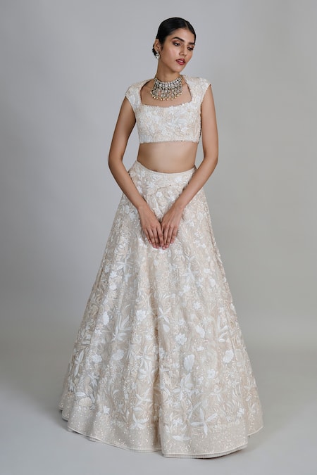 Buy_Mishru_Ivory Tulle, Organza Applique, Sequins, Beads Emma Embroidered Lehenga Set _Online_at_Aza_Fashions