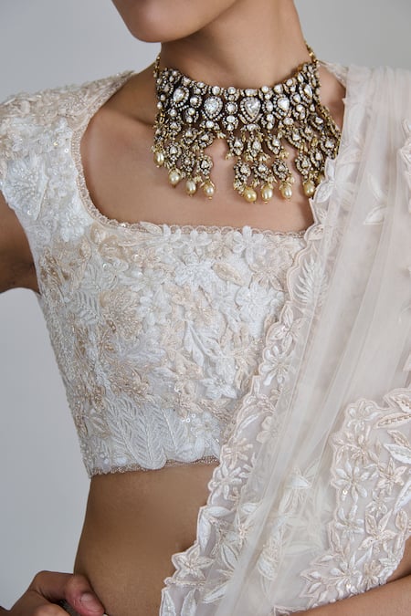 Mishru_Ivory Tulle, Organza Applique, Sequins, Beads Emma Embroidered Lehenga Set _at_Aza_Fashions