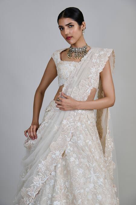 Buy_Mishru_Ivory Tulle, Organza Applique, Sequins, Beads Emma Embroidered Lehenga Set 