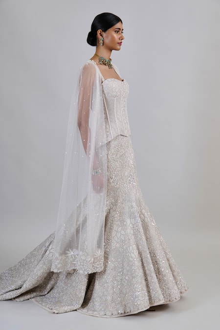 Mishru_Ivory Tulle Applique, Embroidery, Sequins Sweetheart Opaline Corset Lehenga Set _Online_at_Aza_Fashions