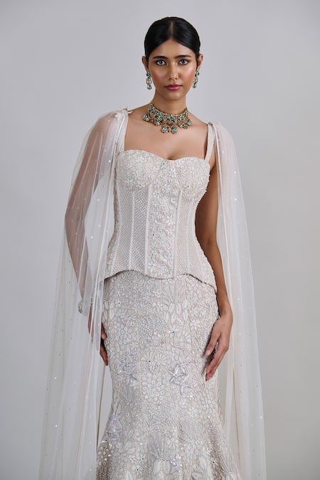 Buy_Mishru_Ivory Tulle Applique, Embroidery, Sequins Sweetheart Opaline Corset Lehenga Set _Online_at_Aza_Fashions