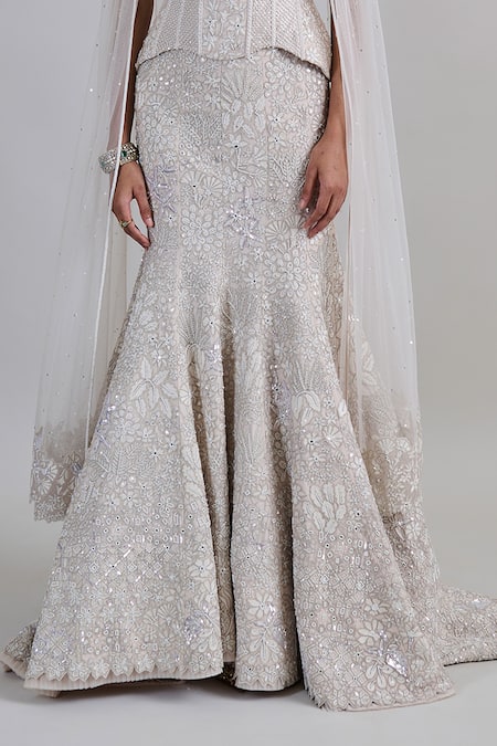 Shop_Mishru_Ivory Tulle Applique, Embroidery, Sequins Sweetheart Opaline Corset Lehenga Set _Online_at_Aza_Fashions