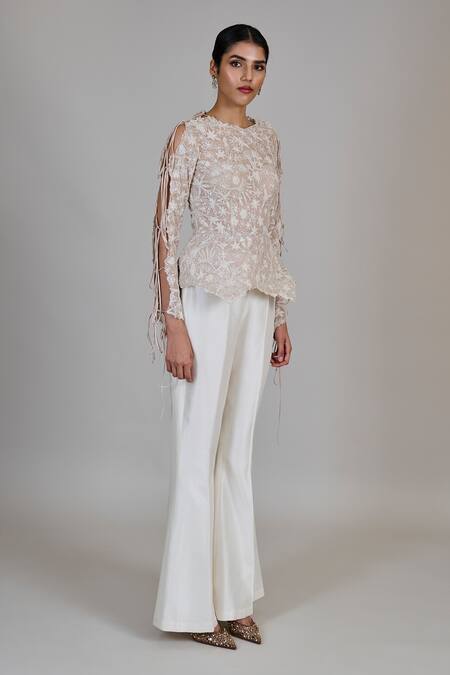 Mishru_Gold Chiffon, Silk Embroidery, Sequins Round Caelen Top And Bell Bottom Pant Set _Online_at_Aza_Fashions