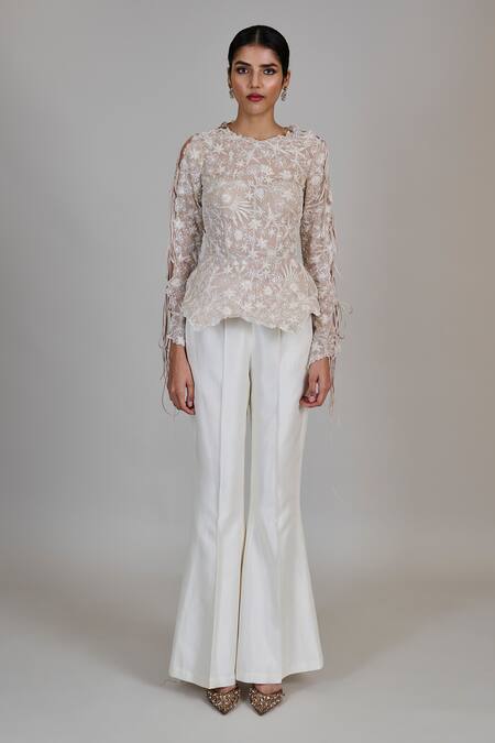 Buy_Mishru_Gold Chiffon, Silk Embroidery, Sequins Round Caelen Top And Bell Bottom Pant Set _Online_at_Aza_Fashions